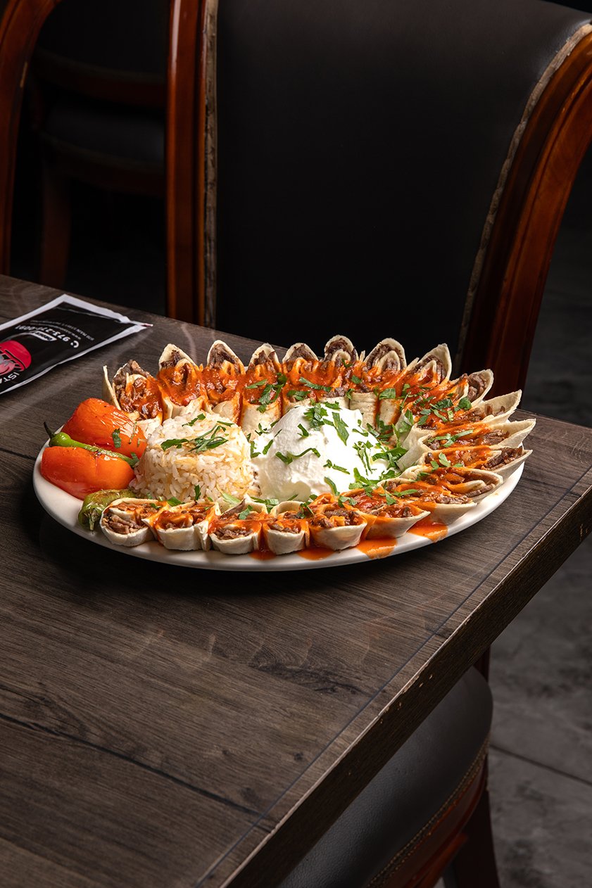 A Turkish platter with rice and yogurt at Istanbul Grill House